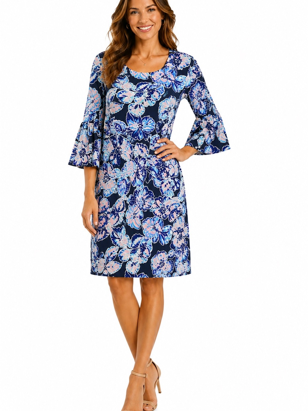 Floral Navy and Light Blue Bell-Sleeve Dress 1033